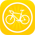 A white bicycle is in a yellow circle on a yellow background