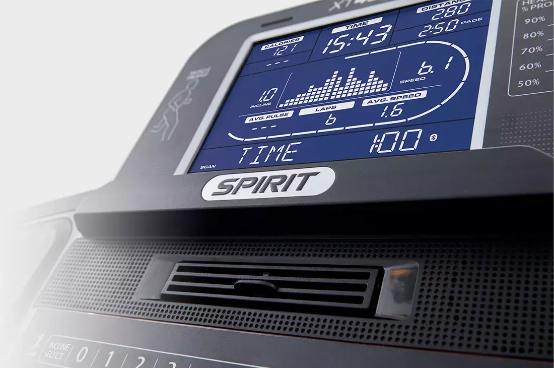 A spirit treadmill displays a time of 1:43