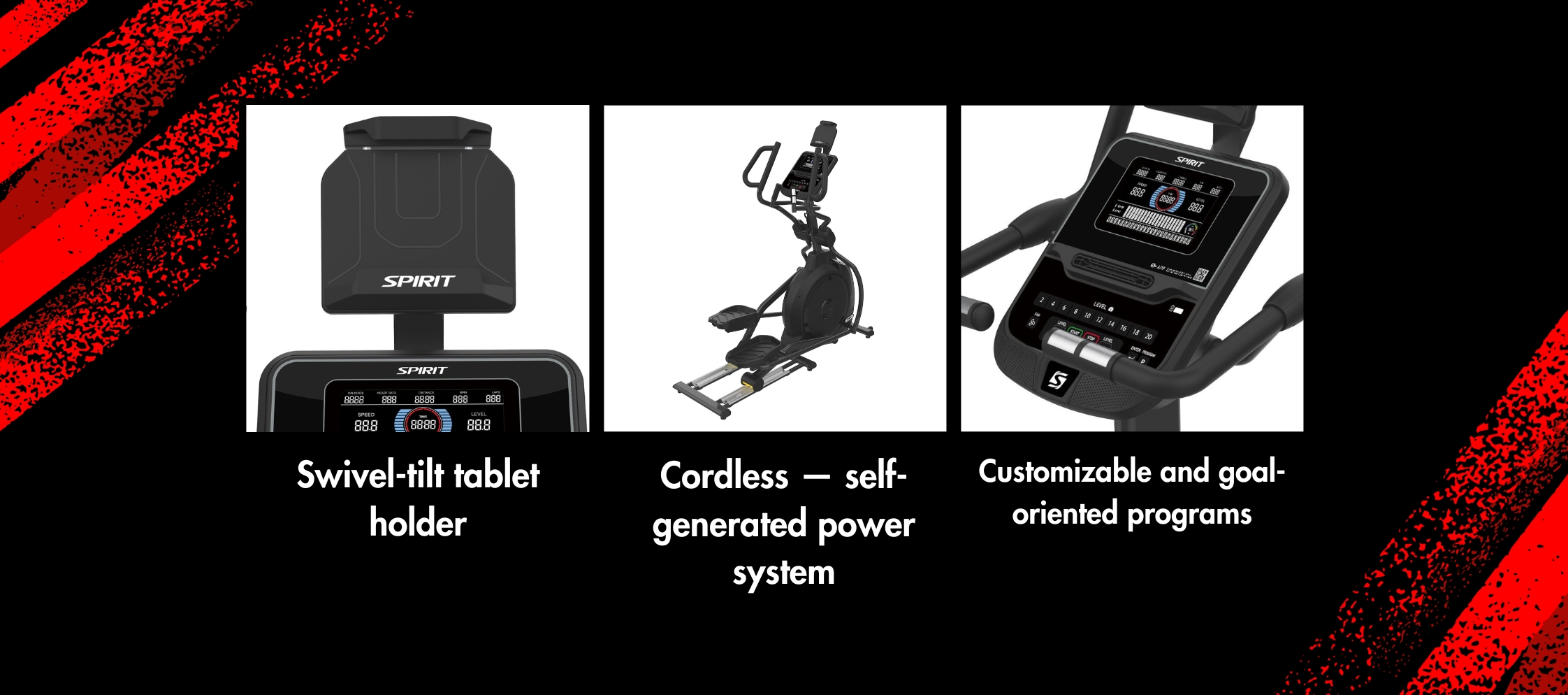Three pictures of a spirit exercise bike with the words " swivel-tilt tablet holder " and " cordless self-generated power system "